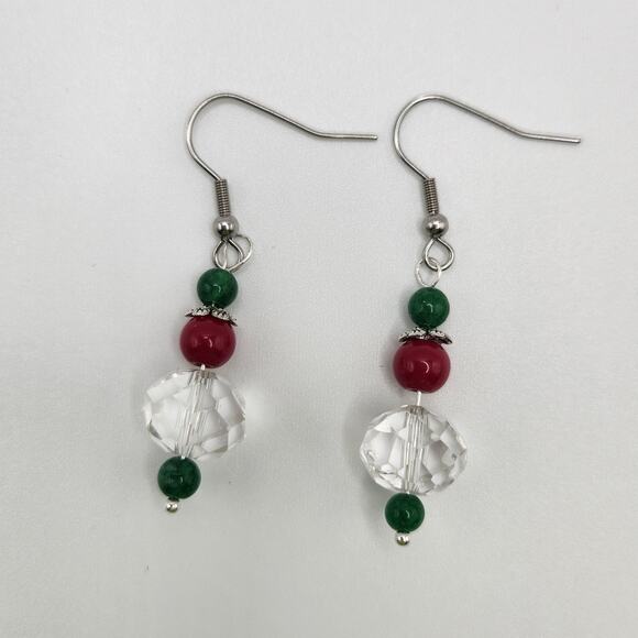 Handmade Earrings with Crystal, Red Coral, and Moonstone – 2" Dangle - Picture 2 of 7